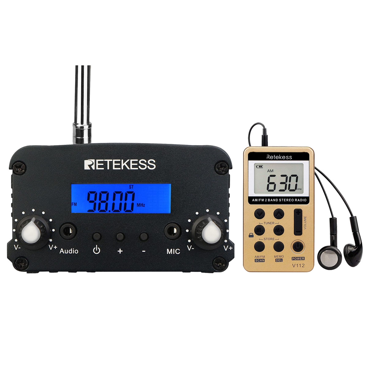 Retekess TR 509 FM Transmisor Compatible Entrada AUX MIC V112 FM AM Radio Portáti Recargable Batería