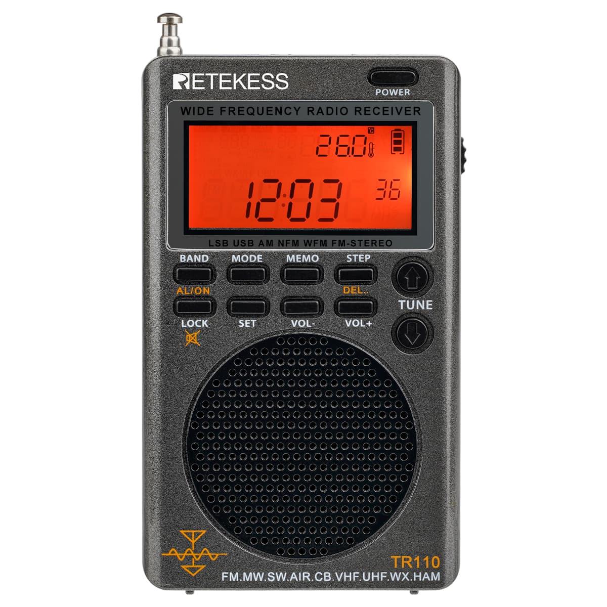 Radio Digital Portátil de Banda Completa Retekess TR110 FM/MW/SW/LSB/AIR/CB/VHF/UHF con Alertas NOAA