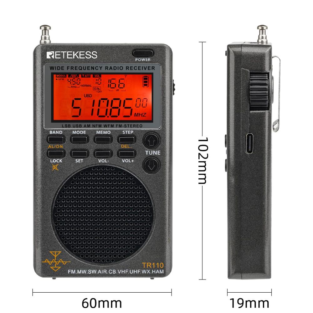 Radio Digital Portátil de Banda Completa Retekess TR110 FM/MW/SW/LSB/AIR/CB/VHF/UHF con Alertas NOAA