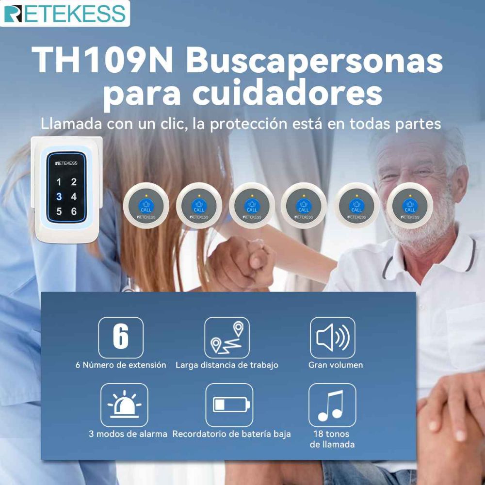 Retekess TH109N Sistema de Alerta de Enfermería con Botón de llamada de Emergencia TH009 para Ancianos y Pacientes